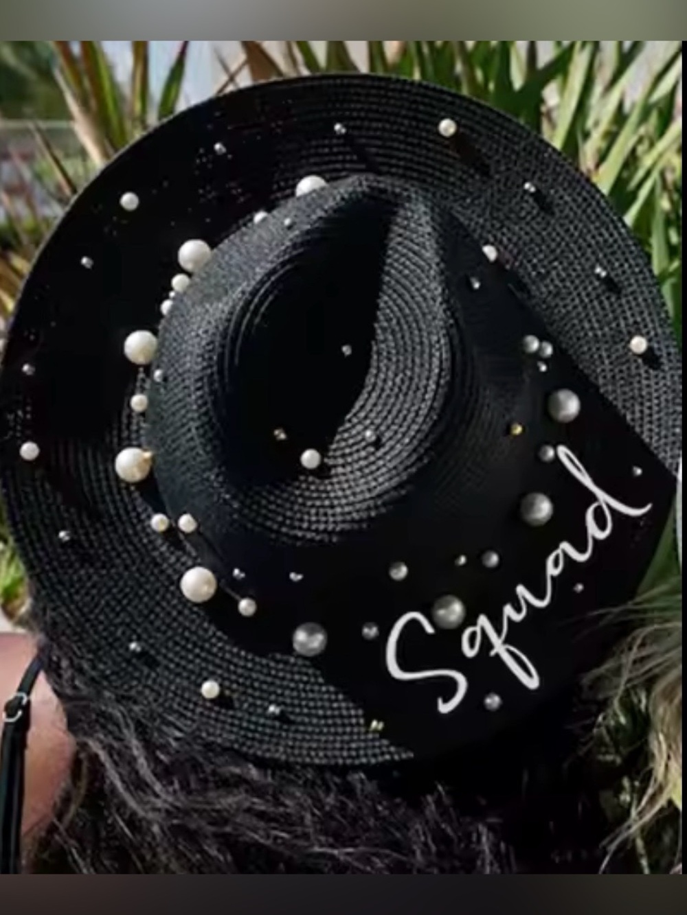 Kohl's Black Wide-Brim Straw Hat with Pearl Embellishments